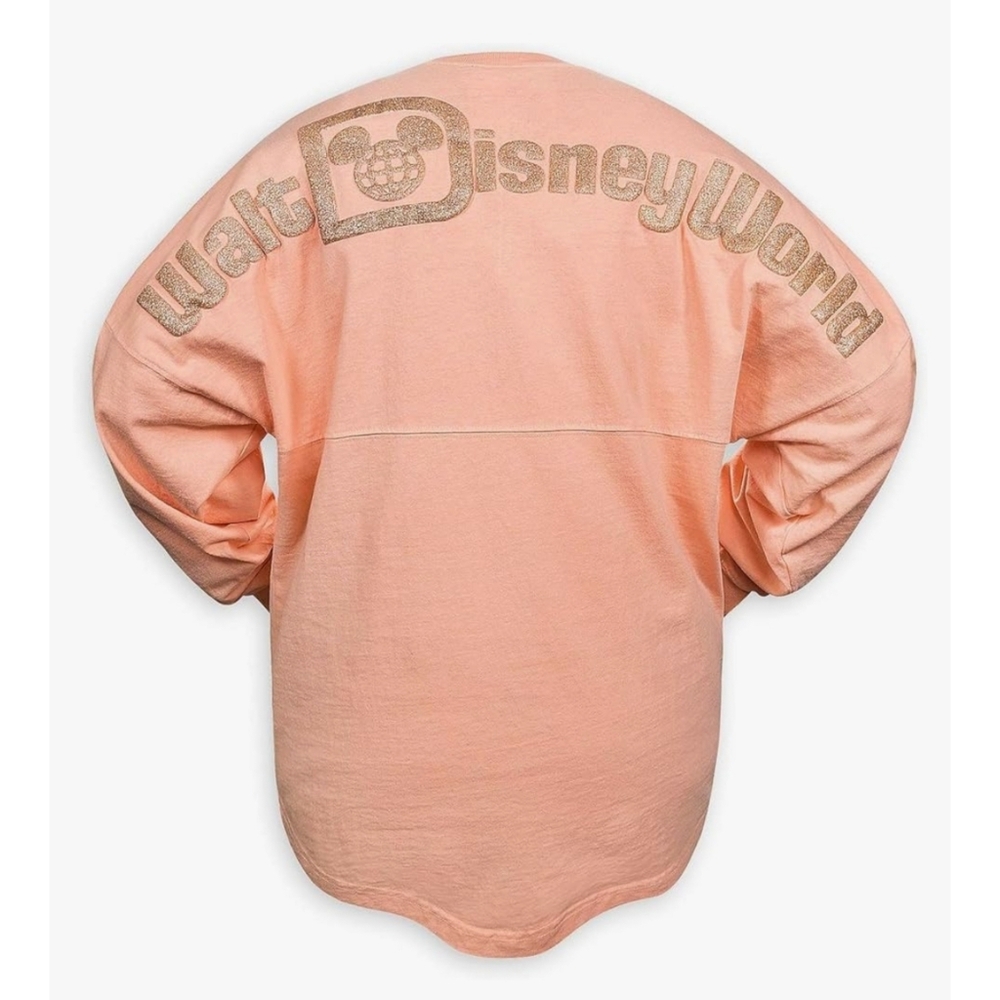 🏰 Walt Disney World Spirit Jersey – Peach Pink Gold Glitter Logo – XL